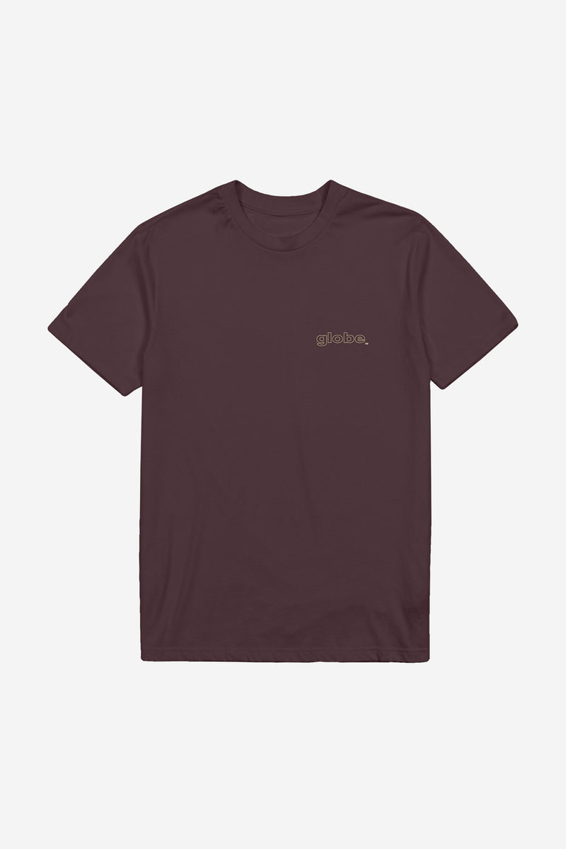 Prune Block Tee front view with a small gold Globe logo on the chest