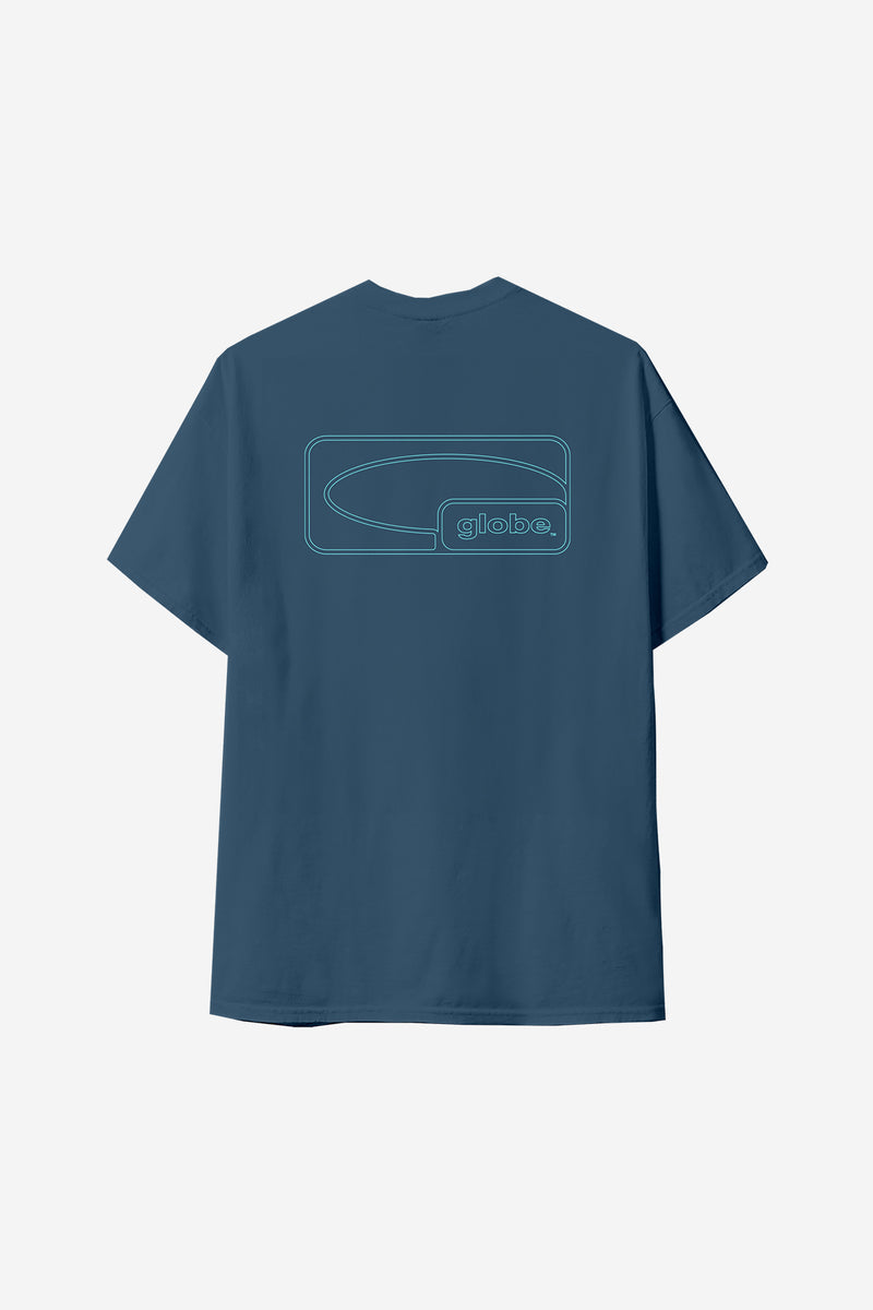 Back view of steel blue Globe Block Tee with a large back graphic.