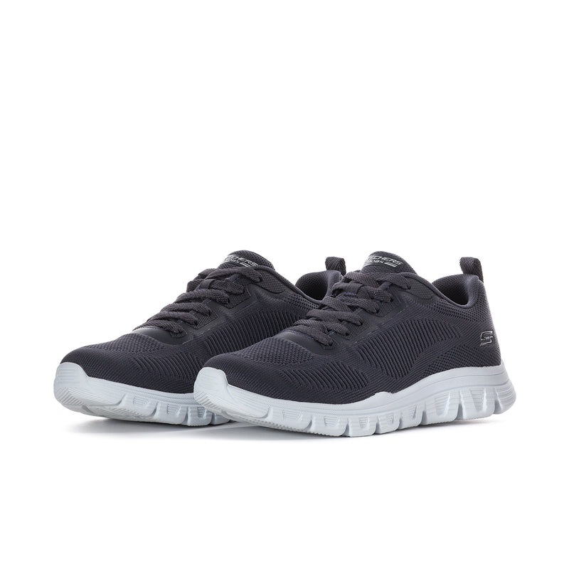 Dark navy knit lace-up sneakers, side view with white sole and tread