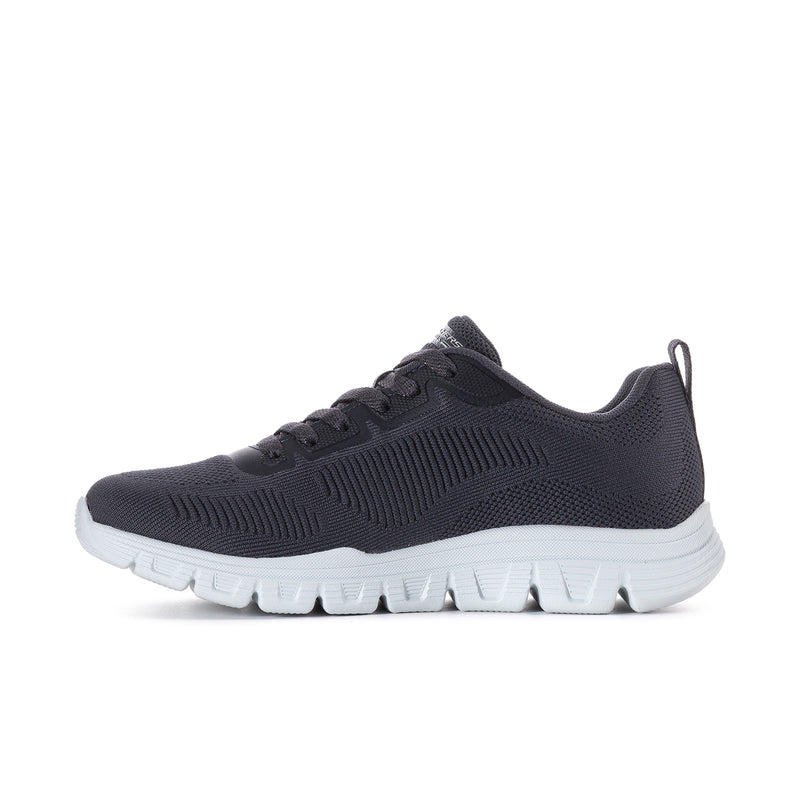 Dark navy lace-up athletic sneaker with textured knit upper and white sole