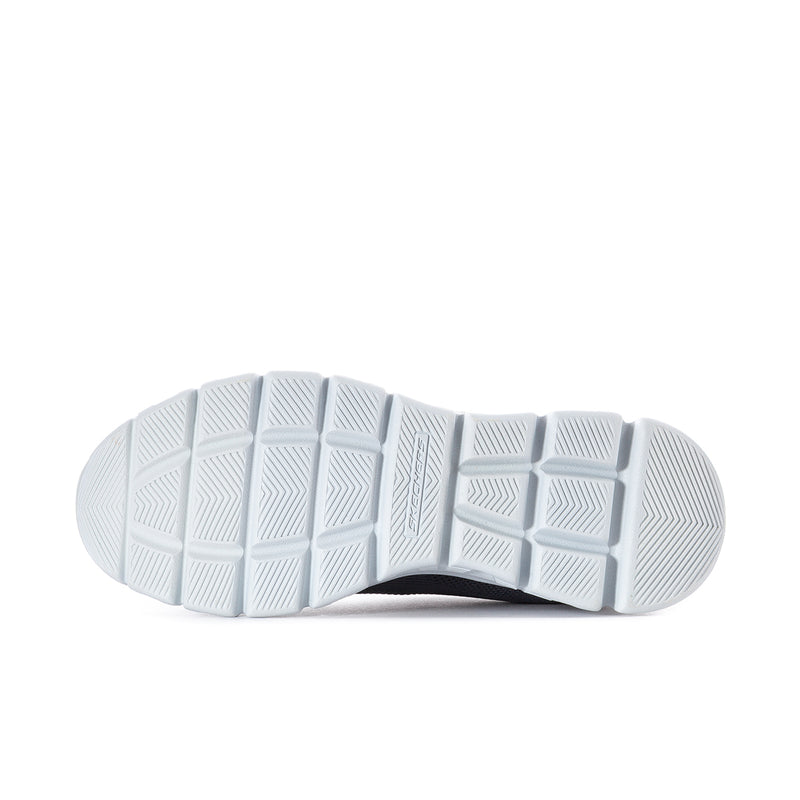 White treaded outsole for dark navy knit sneaker, bottom view