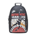Black graphic backpack with front zip pocket and top handle, wide shoulder straps.