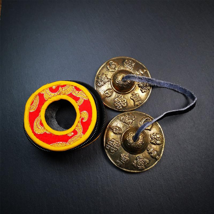 Brass Tingsha Set - Astamangal - 2.6" - Tibetan Buddhist art, front view