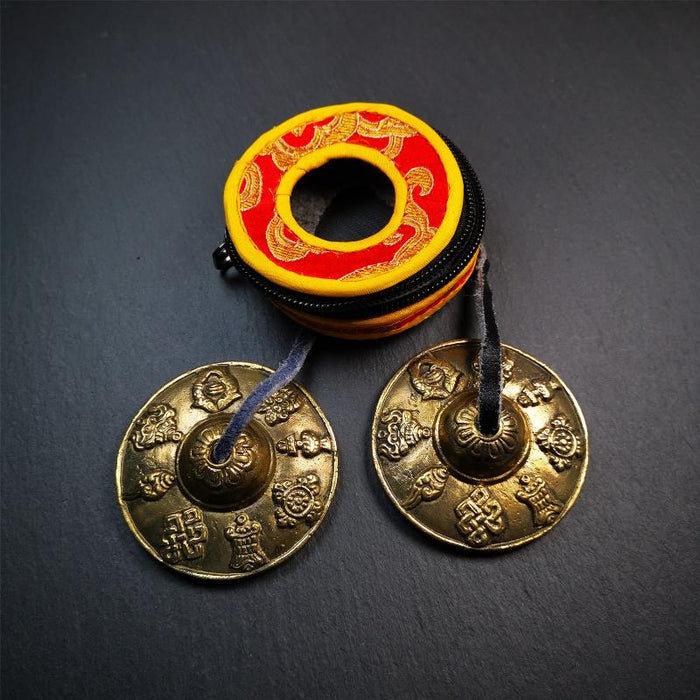 Brass Tingsha Set - Astamangal - 2.6" - Tibetan Buddhist art, detailed view
