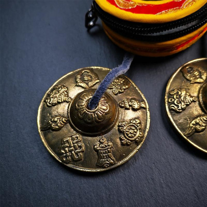 Brass Tingsha Set - Astamangal - 2.6" - Tibetan Buddhist art, view 7