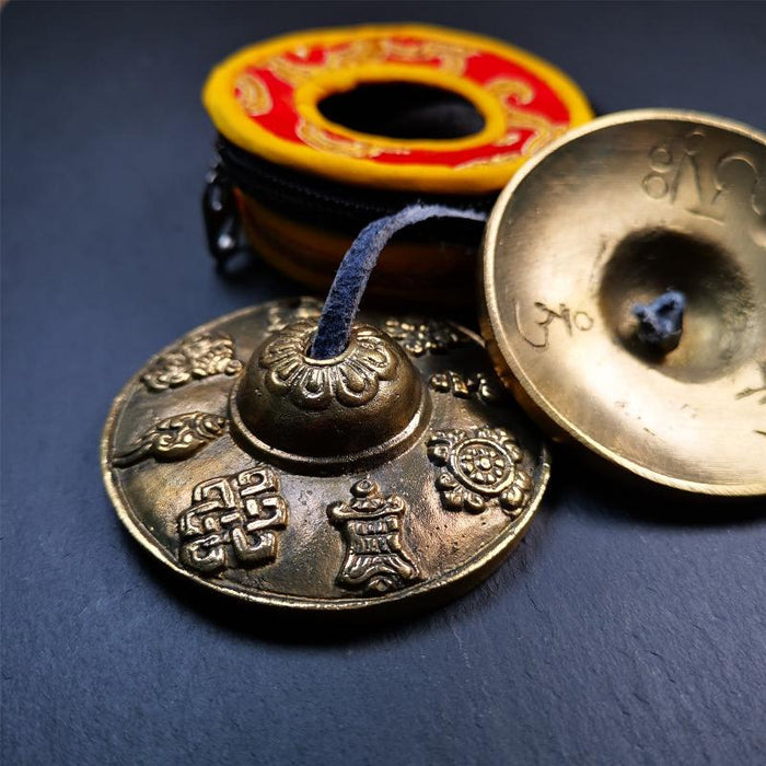 Brass Tingsha Set - Astamangal - 2.6" - Tibetan Buddhist art, view 8