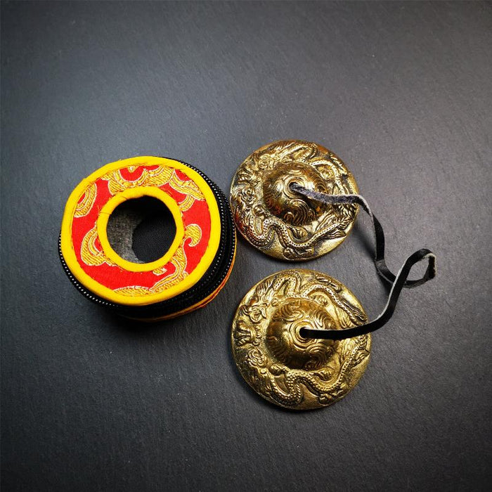 Brass Tingsha Set - Dragon - 2.6" - Tibetan Buddhist art, view 6