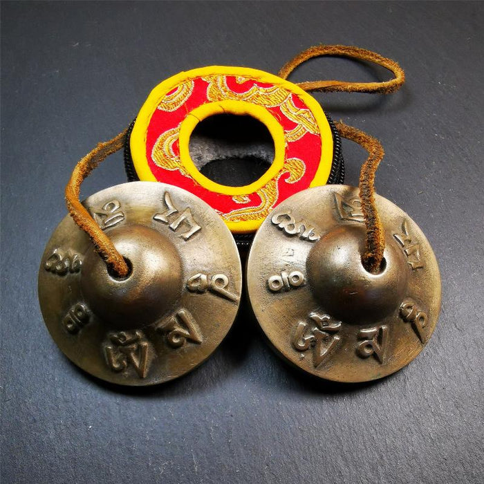 Brass Tingsha Set - OM Mantra - 2.6" - Tibetan Buddhist art, front view