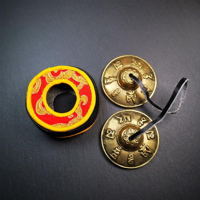 Brass Tingsha Set - OM Mantra - 2.6" - Tibetan Buddhist art, front view