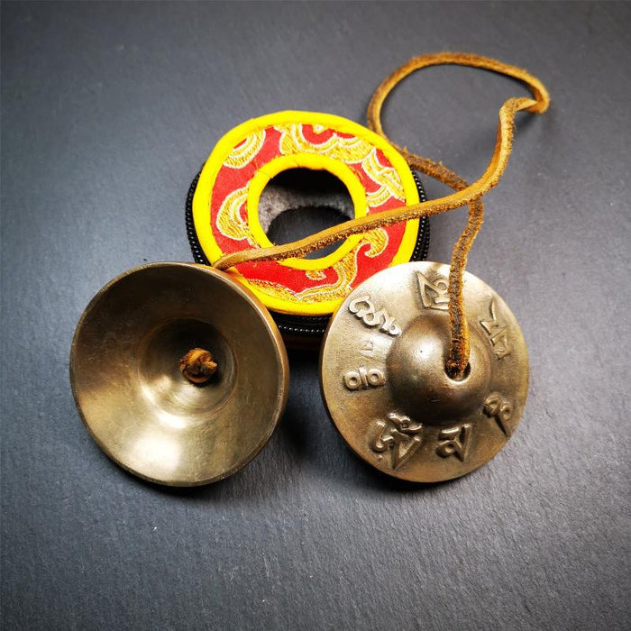Brass Tingsha Set - OM Mantra - 2.6" - Tibetan Buddhist art, detailed view