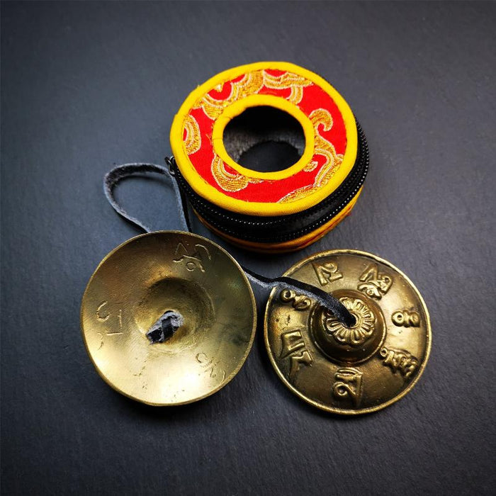 Brass Tingsha Set - OM Mantra - 2.6" - Tibetan Buddhist art, detailed view
