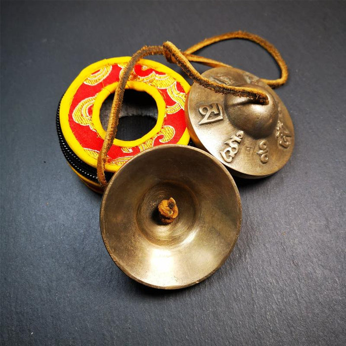 Brass Tingsha Set - OM Mantra - 2.6" - Tibetan Buddhist art, close-up detail