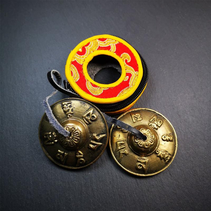Brass Tingsha Set - OM Mantra - 2.6" - Tibetan Buddhist art, close-up detail