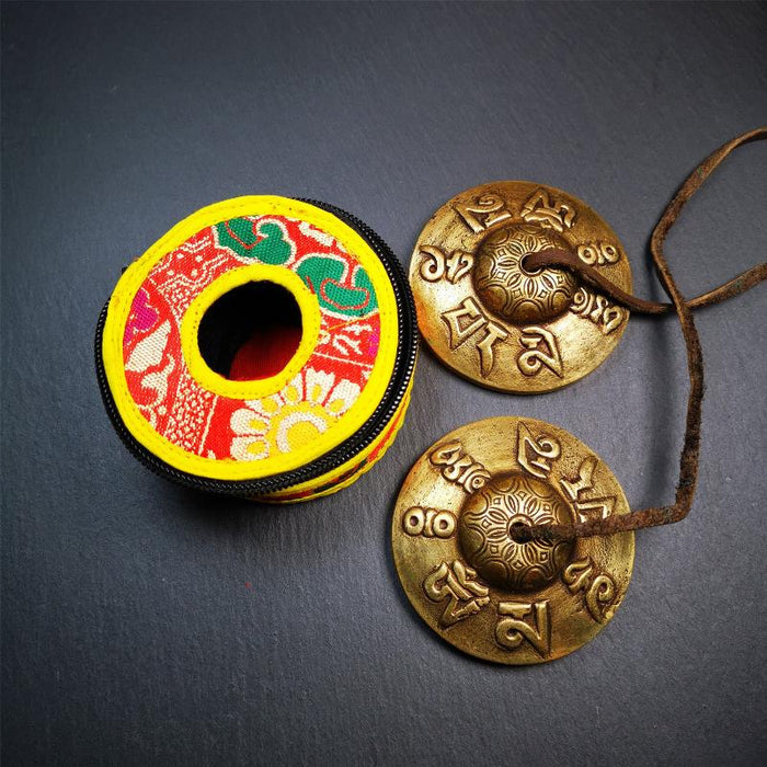 Brass Tingsha Set - OM Mantra - 2.9" - Tibetan Buddhist art, view 4