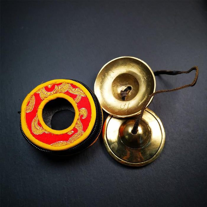Brass Tingsha Set - Shiny Color - 2.6" - Tibetan Buddhist art, detailed view