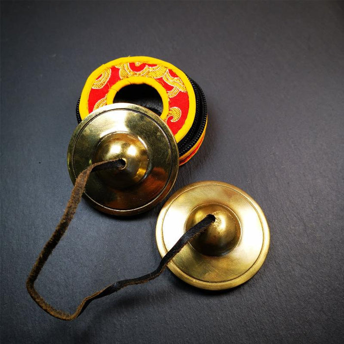 Brass Tingsha Set - Shiny Color - 2.6" - Tibetan Buddhist art, close-up detail