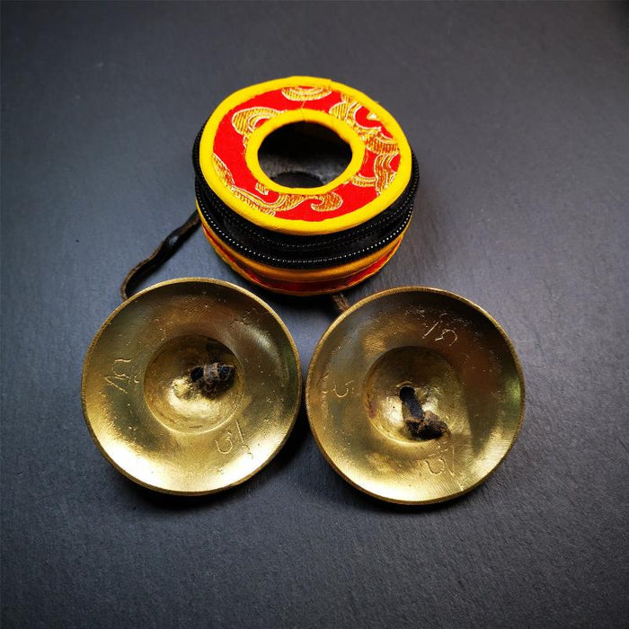 Brass Tingsha Set - Shiny Color - 2.6" - Tibetan Buddhist art, view 4