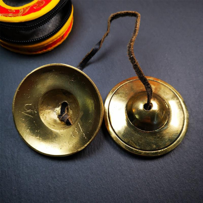 Brass Tingsha Set - Shiny Color - 2.6" - Tibetan Buddhist art, view 7