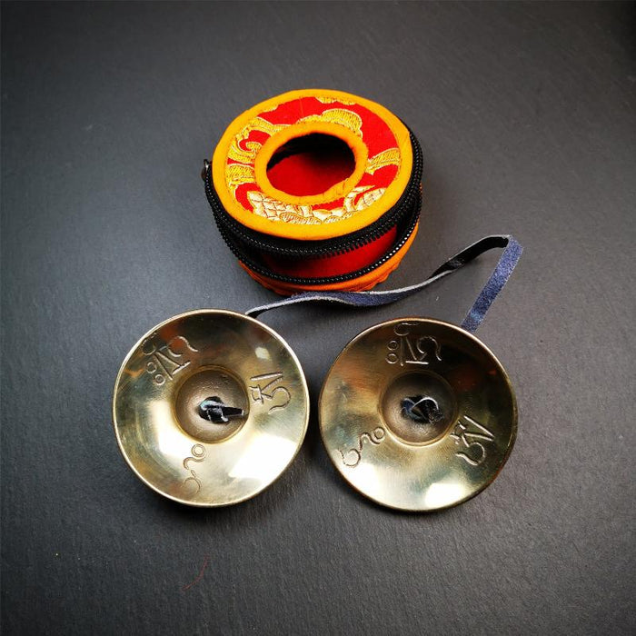 Bronze Tingsha Set - Astamangal - 2.7" - Tibetan Buddhist art, view 5