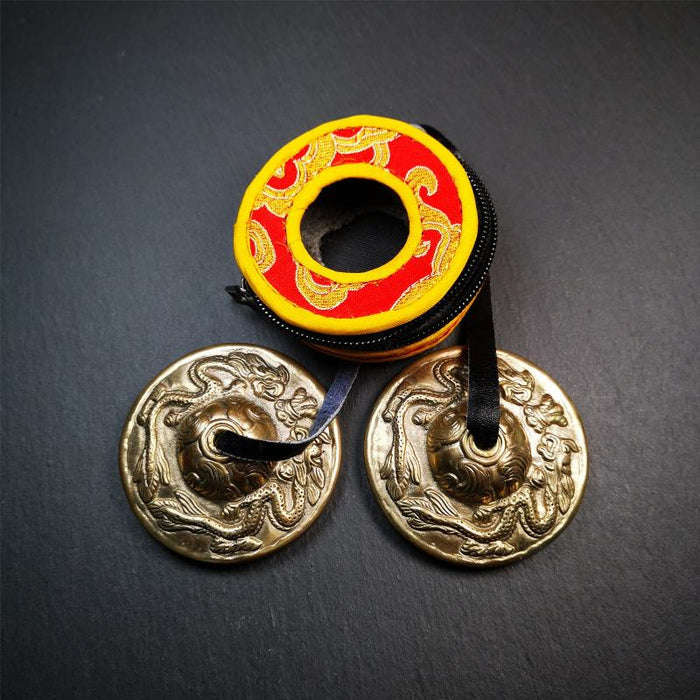 Bronze Tingsha Set - Dragon - 2.7" - Tibetan Buddhist art, front view
