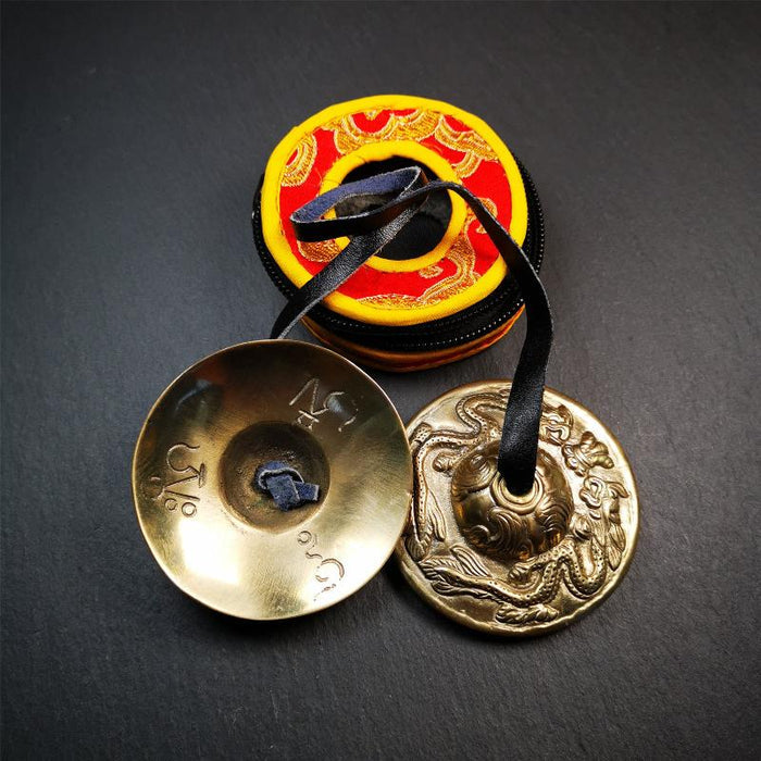 Bronze Tingsha Set - Dragon - 2.7" - Tibetan Buddhist art, detailed view