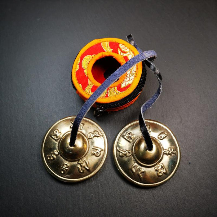 Bronze Tingsha Set - Om Mantra - 2.7" - Tibetan Buddhist art, front view
