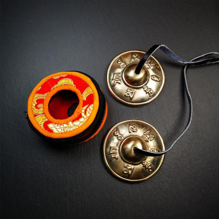 Bronze Tingsha Set - Om Mantra - 2.7" - Tibetan Buddhist art, detailed view