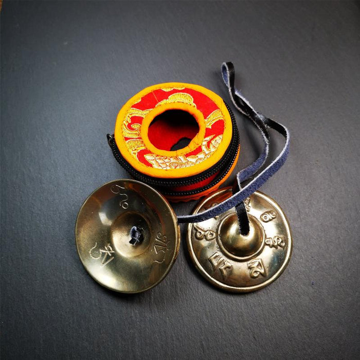 Bronze Tingsha Set - Om Mantra - 2.7" - Tibetan Buddhist art, close-up detail