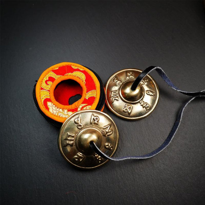 Bronze Tingsha Set - Om Mantra - 2.7" - Tibetan Buddhist art, view 4