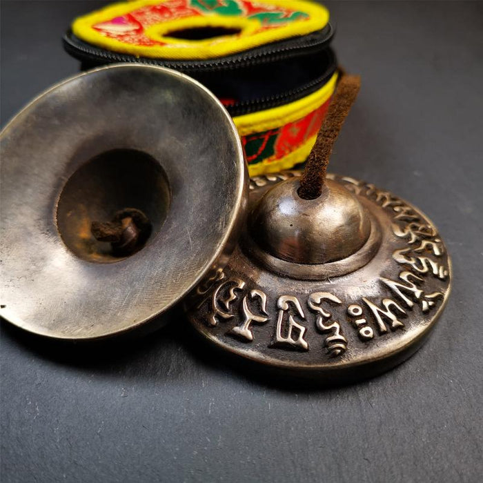 Bronze Tingsha Set - OM Mantra - 2.9" - Tibetan Buddhist art, close-up detail