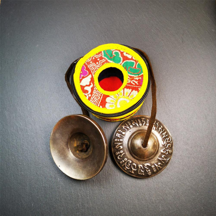 Bronze Tingsha Set - OM Mantra - 2.9" - Tibetan Buddhist art, view 5