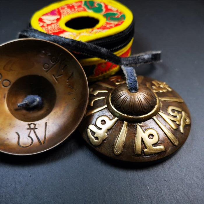 Bronze Tingsha Set - OM Mantra - 3.15" - Tibetan Buddhist art, close-up detail