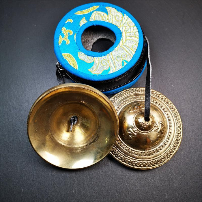 Bronze Tingsha Set - OM Mantra - 3.55" - Tibetan Buddhist art, detailed view
