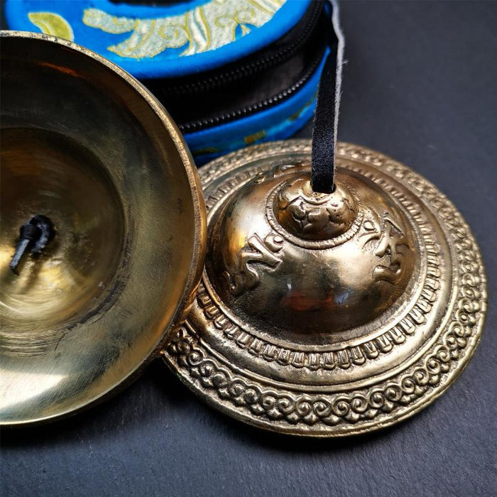 Bronze Tingsha Set - OM Mantra - 3.55" - Tibetan Buddhist art, close-up detail