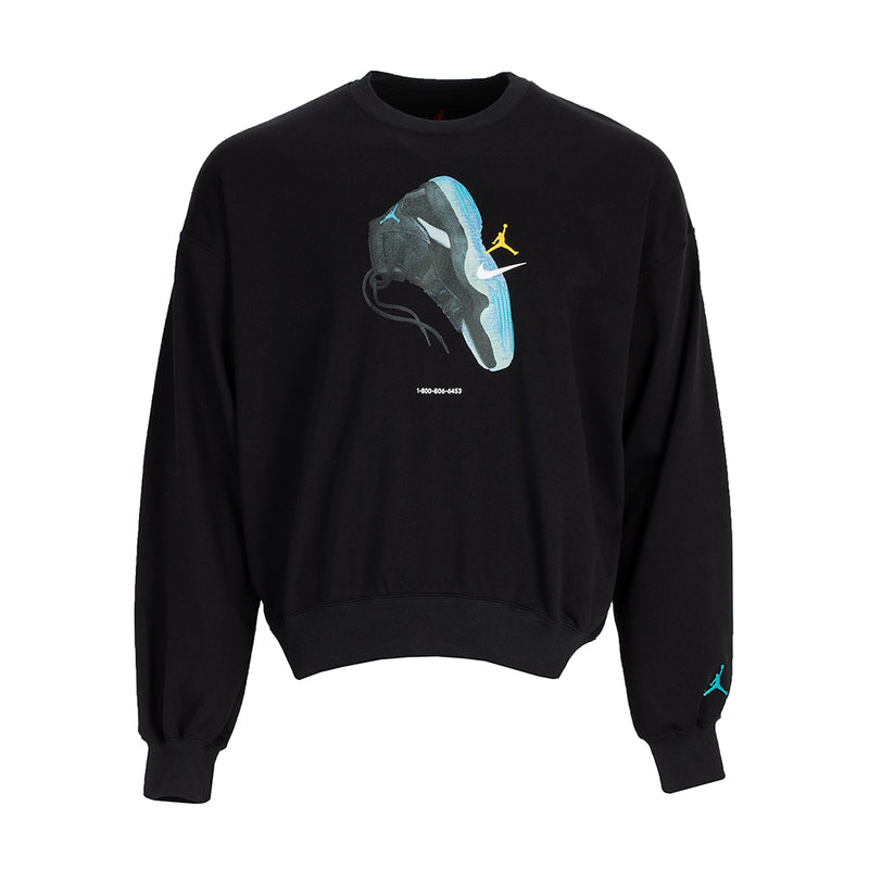 Black fleece crewneck sweatshirt with large blue sneaker graphic and yellow Jumpman