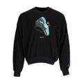 Black fleece crewneck sweatshirt with large blue sneaker graphic and yellow Jumpman