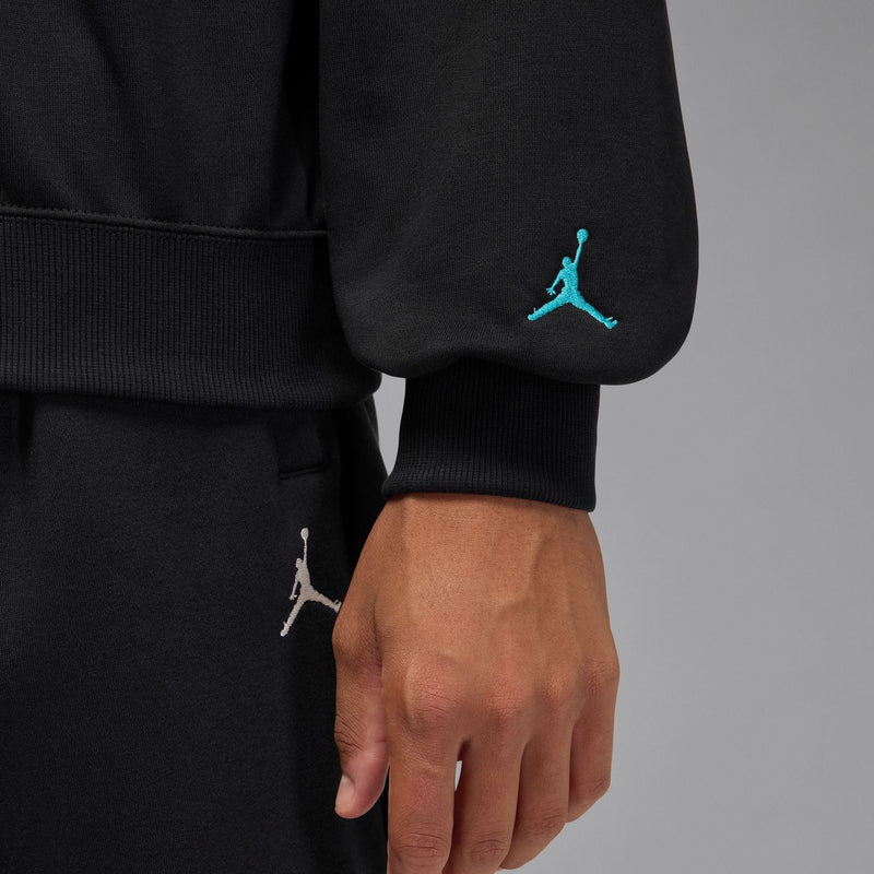 Black sweatshirt sleeve cuffs with small Jumpman logos in blue and white