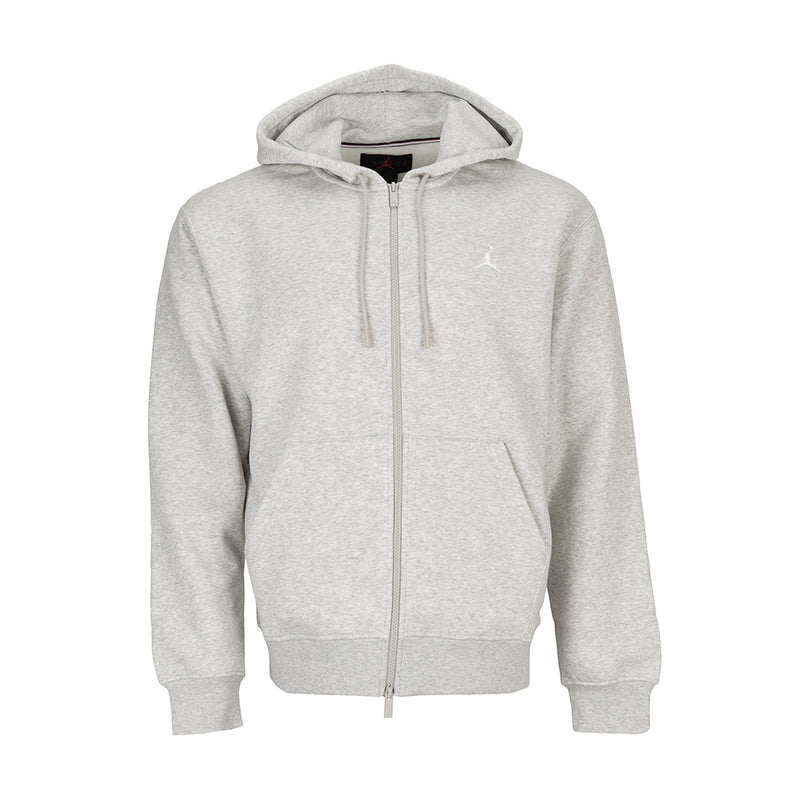 Men's heather grey full-zip fleece hoodie with hood and drawstrings