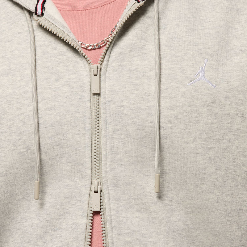 Men's heather grey full-zip hoodie with metal zipper, hood trim, and drawstrings