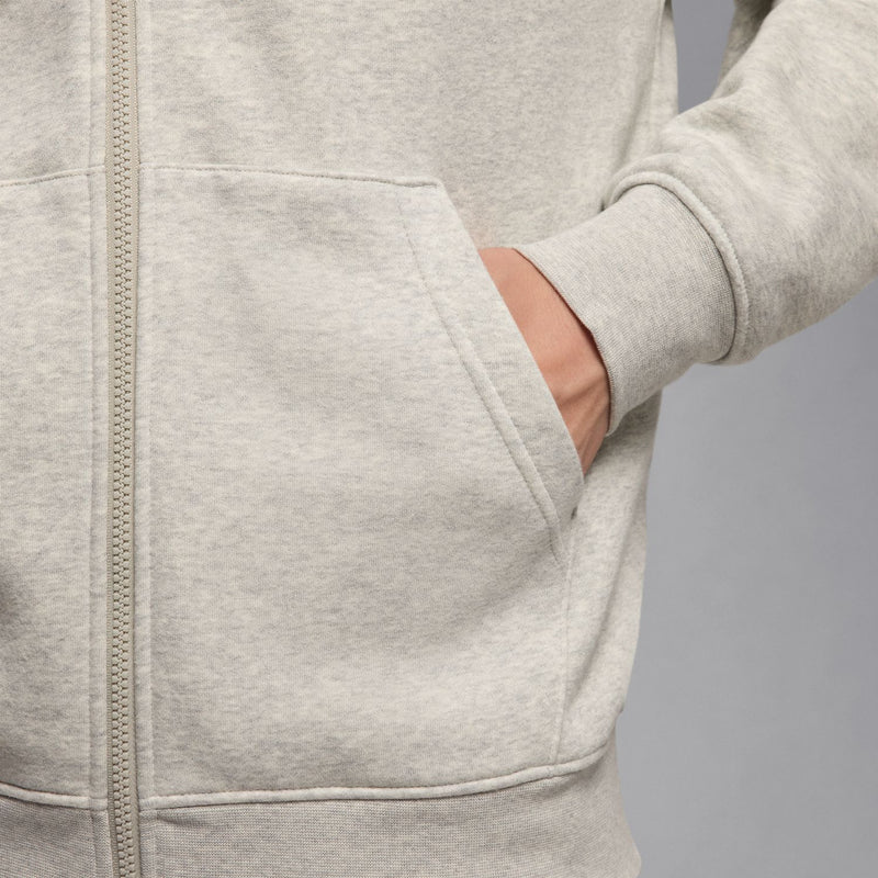 Men's heather grey full-zip fleece hoodie with front kangaroo pocket and sleeves