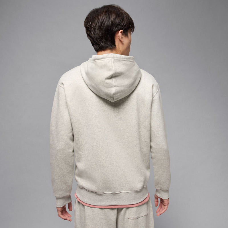 Men's heather grey full-zip fleece hoodie back view with hood