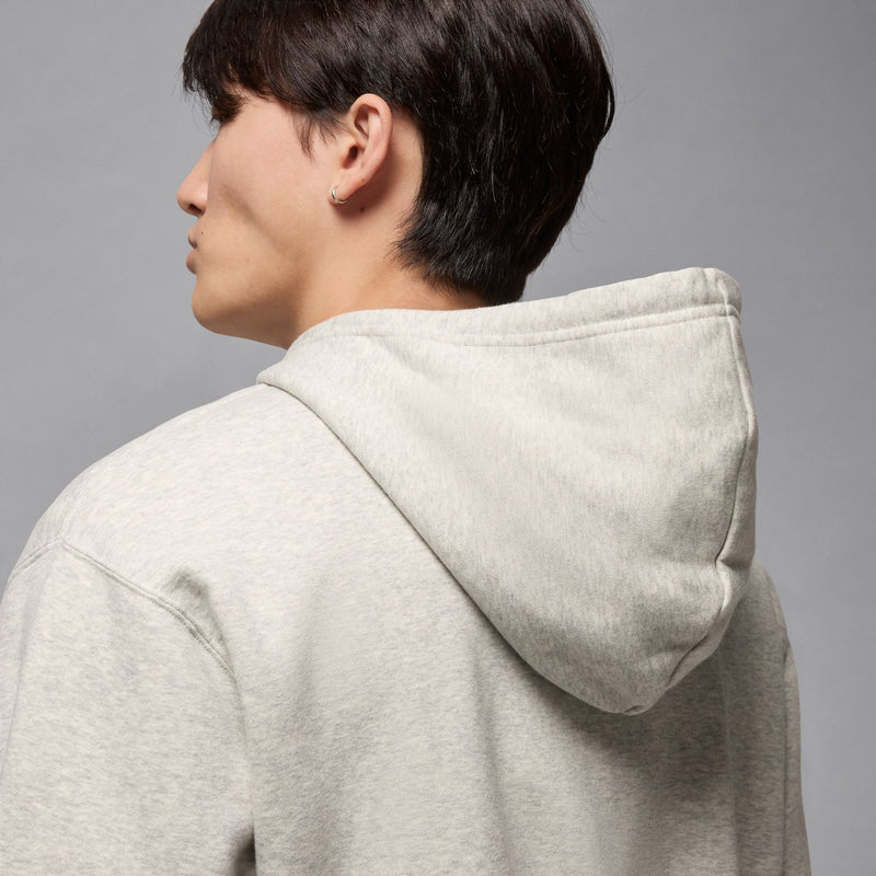 Men's heather grey full-zip fleece hoodie back and hood side view