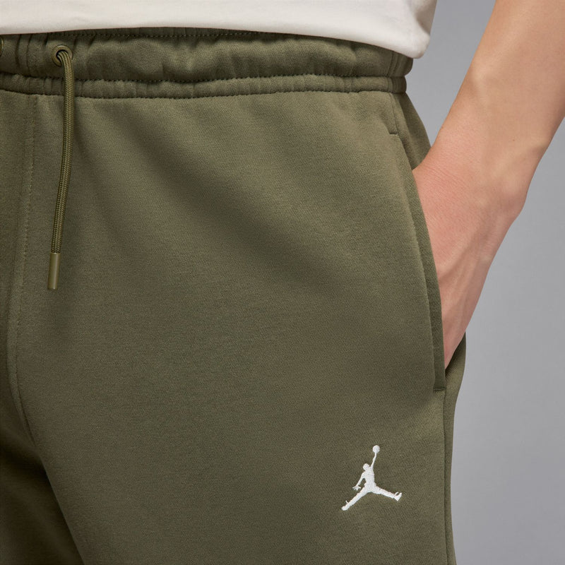 Men's olive fleece jogger waistband with drawstring and ribbed elastic cuff