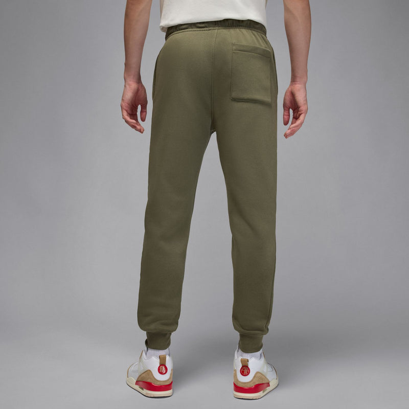 Men's medium olive fleece jogger pants, rear view with elastic waistband