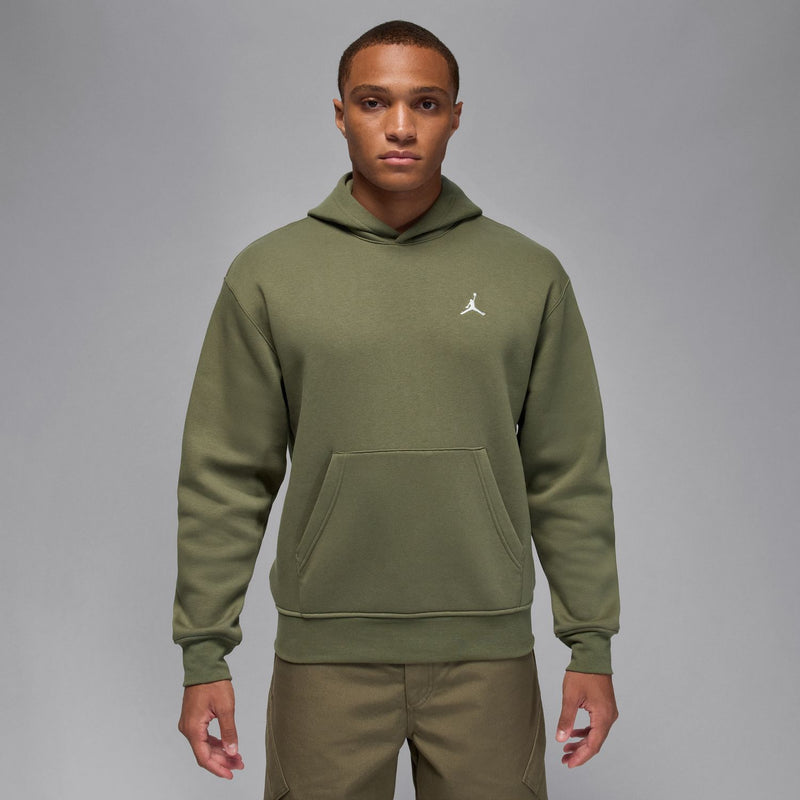 Men's medium olive fleece pullover hoodie with hood, Jordan logo, and kangaroo pocket