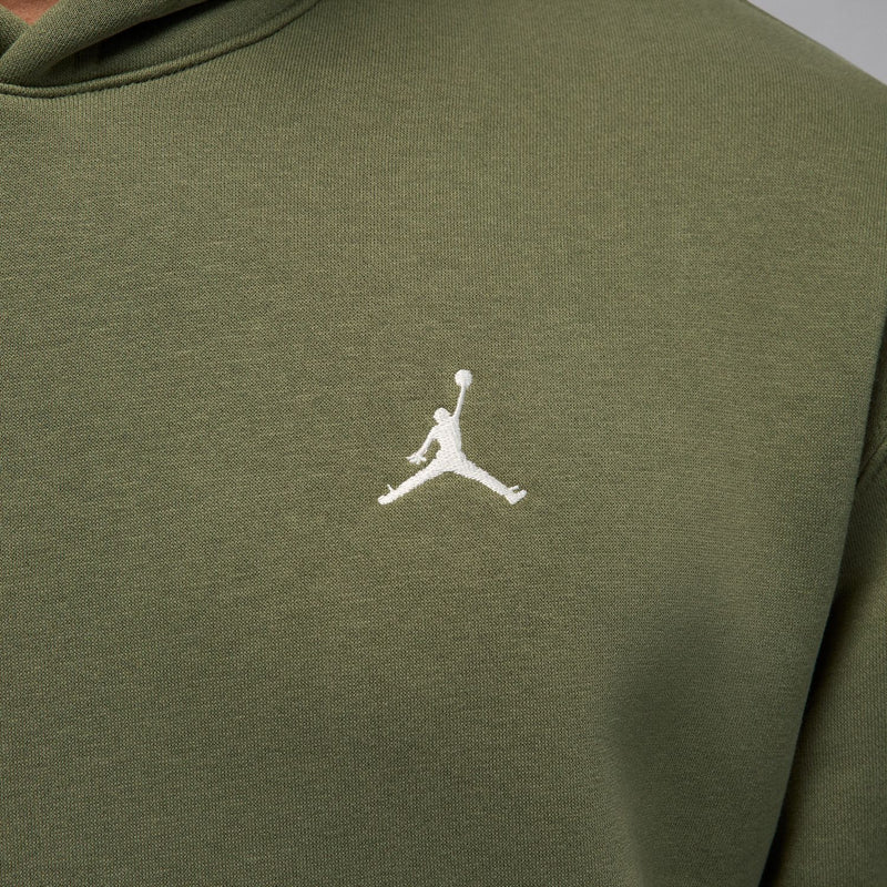Men's medium olive fleece pullover hoodie back with small white Jordan logo