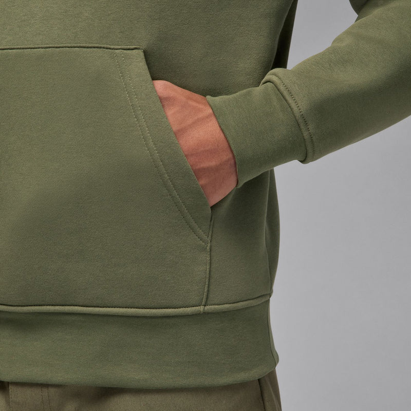 Men's medium olive fleece pullover hoodie with kangaroo pocket and stitched hem
