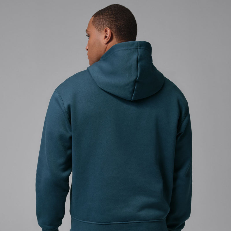 Men's squadron blue fleece pullover hoodie back view with hood and ribbed hem.