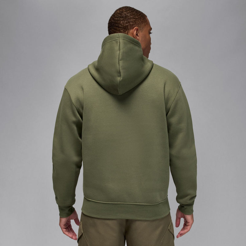Men's medium olive fleece pullover hoodie back view with hood and hem band
