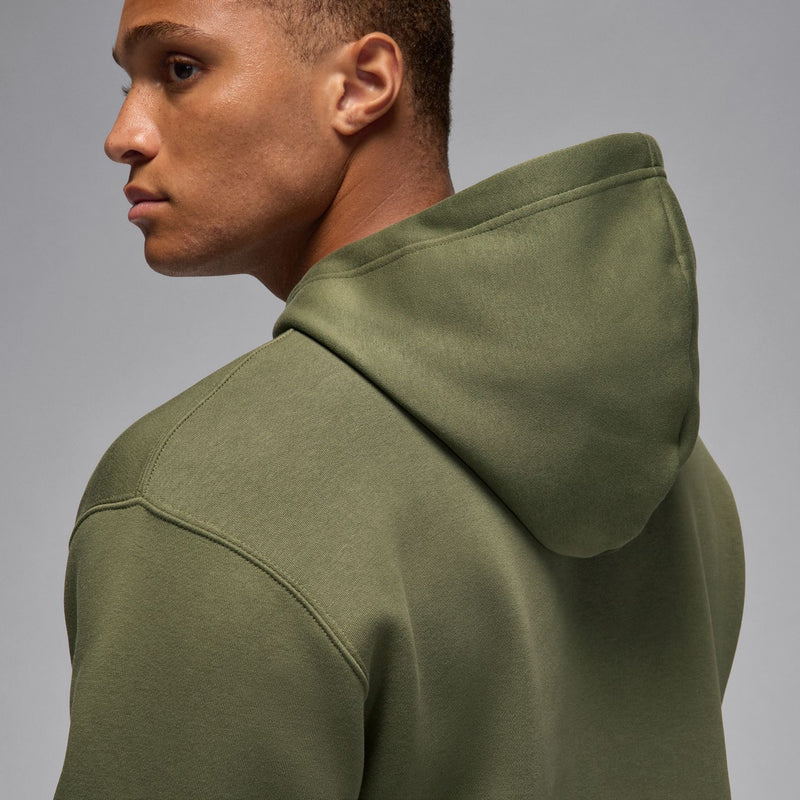 Men's medium olive fleece pullover hoodie with hood and shoulder seam detail
